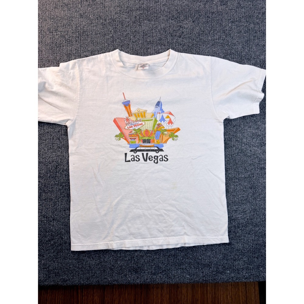Vintage Anvil Las Vegas Graphic Tee Small White Cotton Souvenir T-Shirt Y2K USA